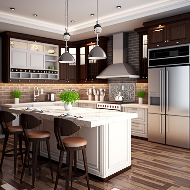 Photo a kitchen with a large island with a stove and a refrigerator.