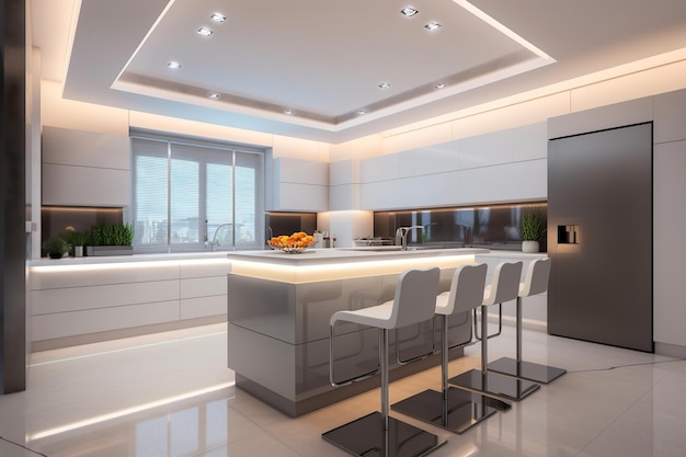 A kitchen with a large island with a white countertop