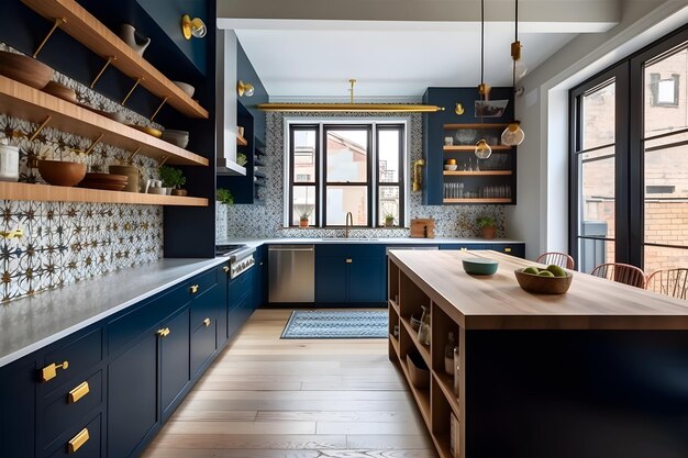 A kitchen with a large island with a wooden countertop and a large window with the words'kitchen'on it.