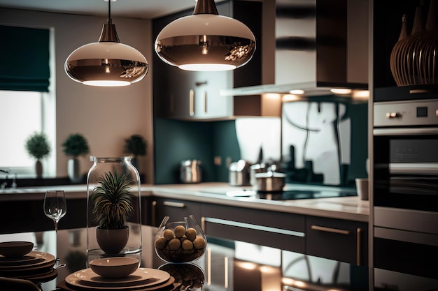 A kitchen with a large pendant light and a table with a bunch of things on it