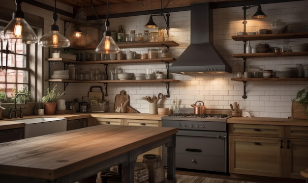 A kitchen with a large stove and a shelf with many things on it