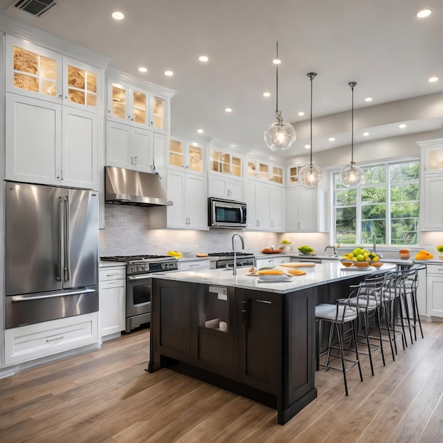 Photo a kitchen with a large table with a breakfast