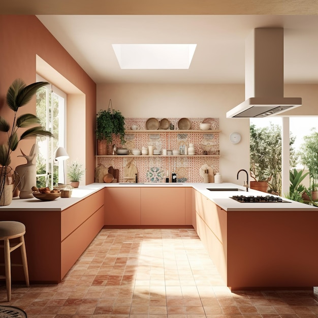 A kitchen with a large window and a shelf with plants on it