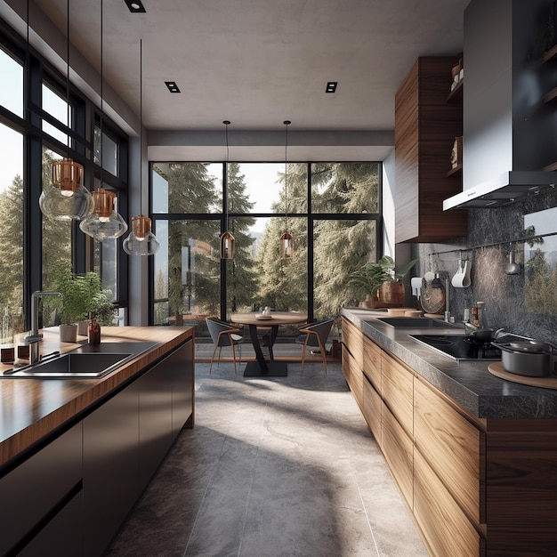 A kitchen with a large window that has a lot of glass on it