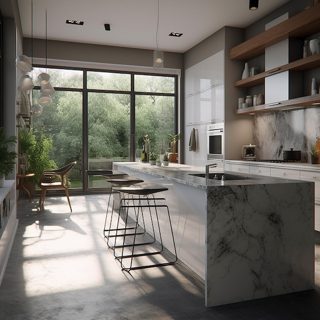 A kitchen with a large window that has a plant on it.