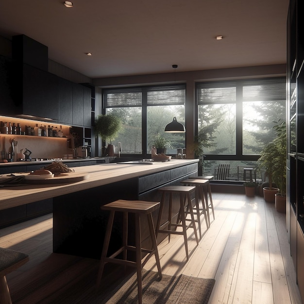 A kitchen with a large window that has a plant on it