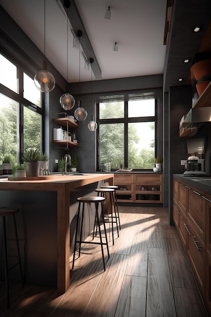 A kitchen with a large window that says'the kitchen is open to the outdoors '