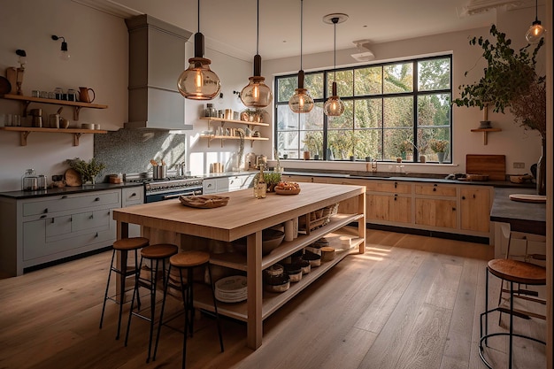 A kitchen with a large window that says'the kitchen is open to the outdoors '