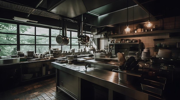 A kitchen with a large window