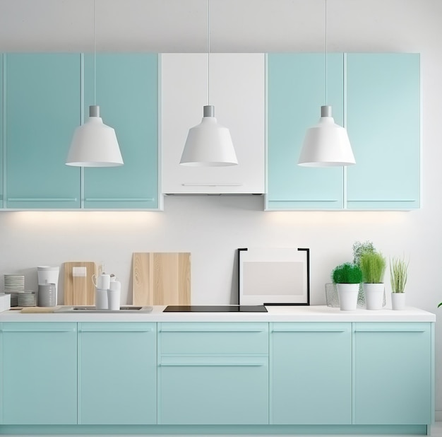 a kitchen with a light blue cabinet and a white countertop with a white and green cabinet.