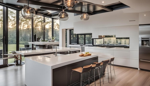 a kitchen with a lot of counter space and a large window