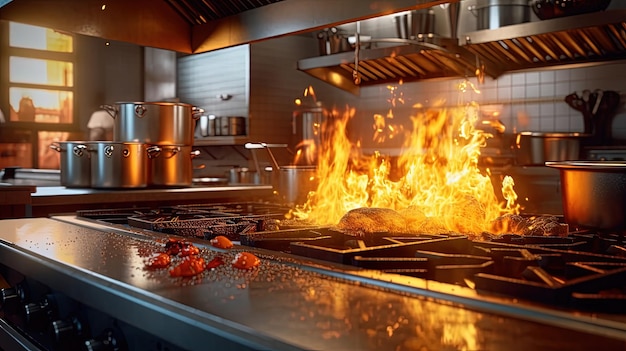 Kitchen with a lot of fire in the middle of it and a stovetop on fire in the middle of the kitchen with a lot of flames on the countertop of the stove Generative AI