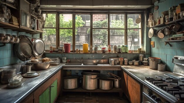 A kitchen with a lot of pots and pans on the counter