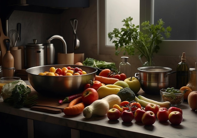 kitchen with lots of fruits and vegetables