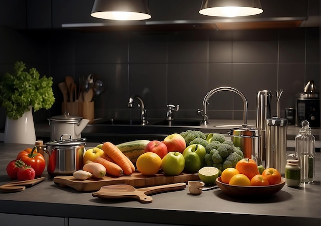 kitchen with lots of fruits and vegetables