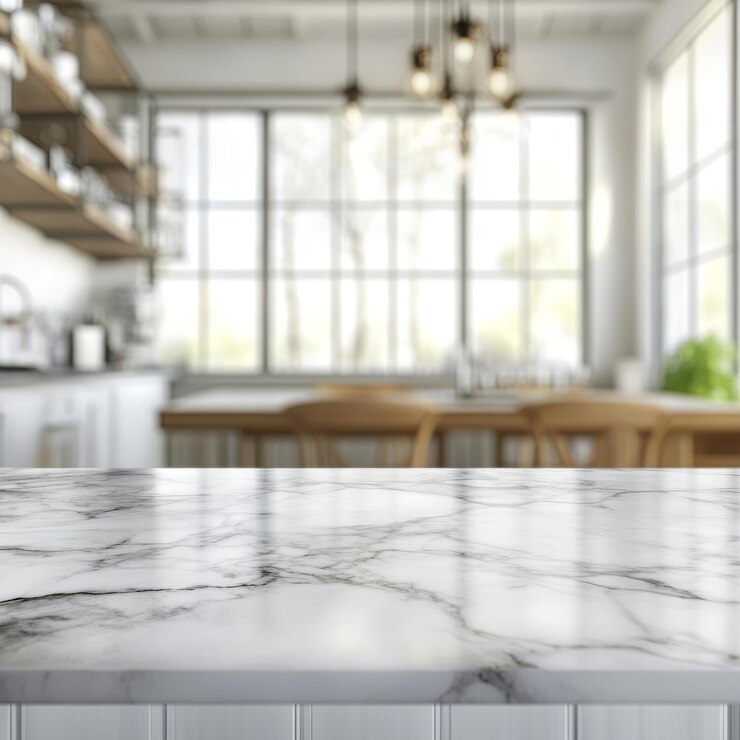 a kitchen with a marble counter top and a marble counter top