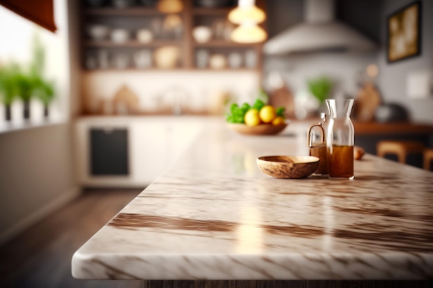 Kitchen with marble counter top and wooden bowl of lemons Generative AI