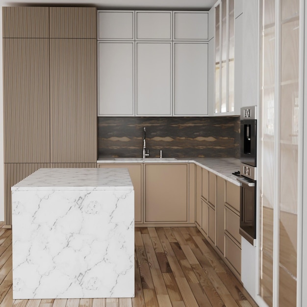Premium Photo A kitchen with a marble countertop and a sink.