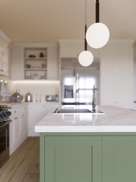 Photo kitchen with marble countertops and blurred kitchen background to display products on the surface