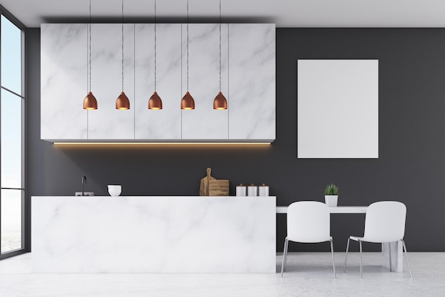 Kitchen with marble furniture, black walls, panoramic window and a small table with two white chairs. 3d rendering. Mock up.