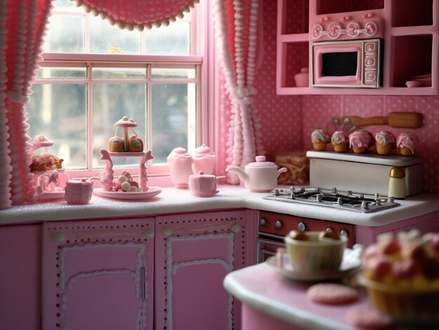 Una cucina con microonde e forno rosa con una finestra che dice torta.