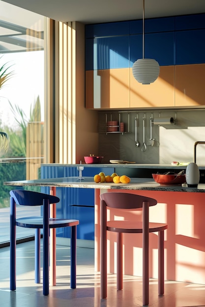 Kitchen with minimalist furniture in pastel colors