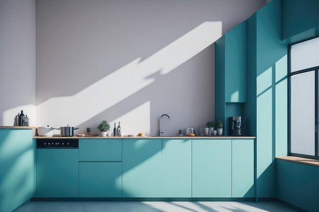 A kitchen with modern cabinets kitchenware and a white wall