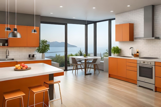 A kitchen with orange cabinets and a table with chairs and a table with chairs and a view of the ocean