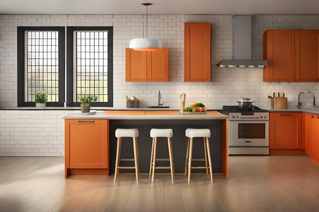 a kitchen with orange cabinets and a white brick wall.