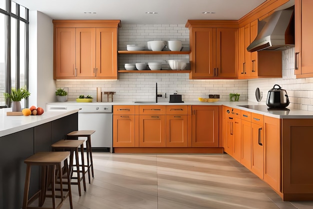 a kitchen with orange cabinets and a white countertop.