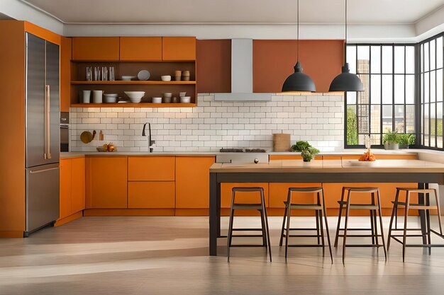 A kitchen with orange cabinets and a white tile back splash