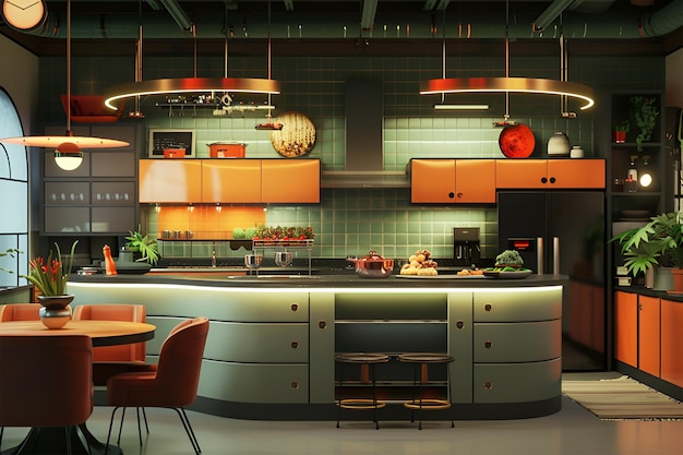 A kitchen with orange and green cabinets restaurant design home interior concept modern and minimal