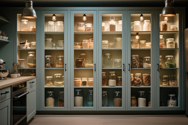 Photo kitchen with an organized and stylish pantry with glass jerry cans and metal containers ai generative