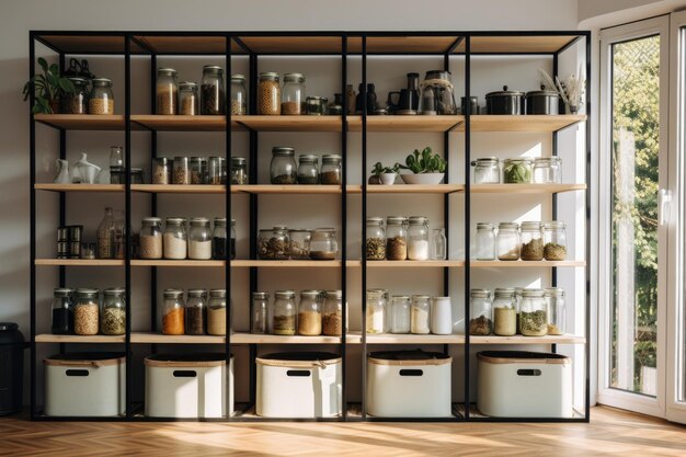 Kitchen with an organized and stylish pantry with glass jerry cans and metal containers ai generative