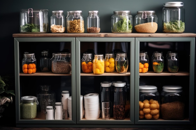 Foto cucina con dispensa organizzata ed elegante con taniche in vetro e contenitori in metallo ai generativi