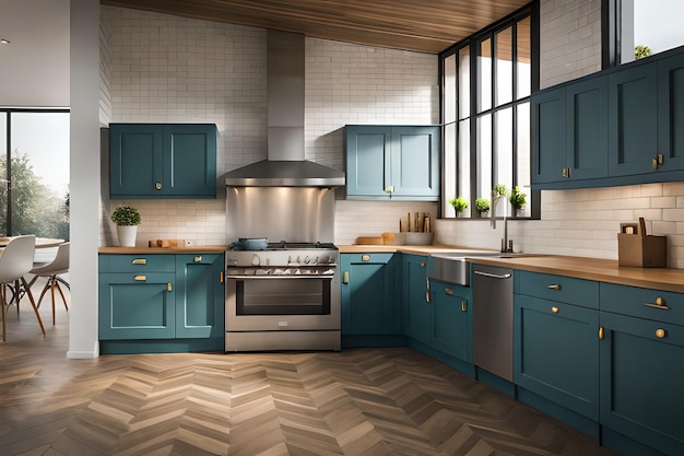 Kitchen with oven and wood cupboards and window