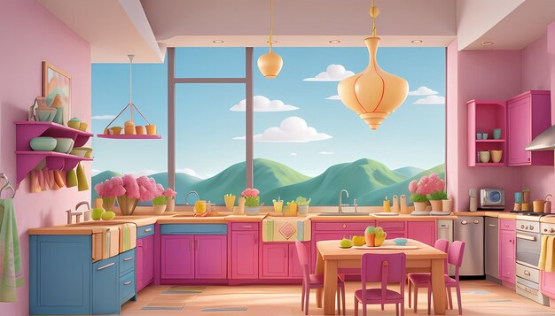 a kitchen with a painting of a kitchen and a table with chairs and a wallpaper