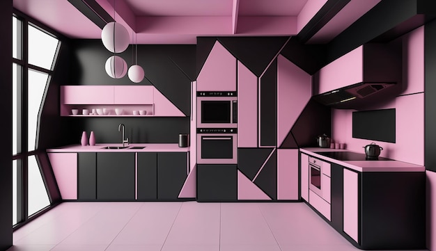 A kitchen with pink and black walls and a black and pink design.