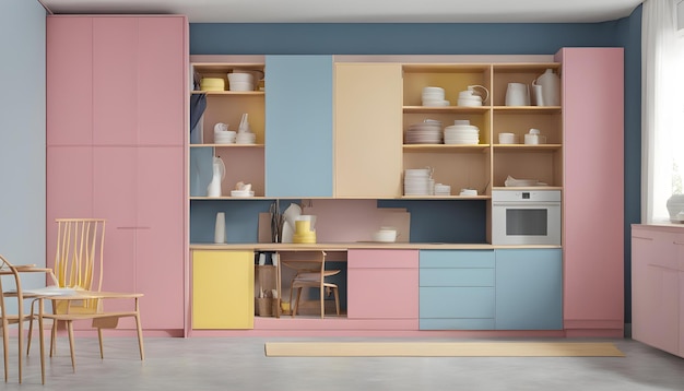 Photo a kitchen with a pink cabinet with a white microwave and a white microwave
