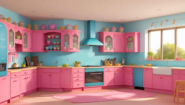 ピンクのキャビネットと青いストーブのあるキッチン