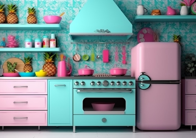 A kitchen with a pink fridge and a pineapple on the wall