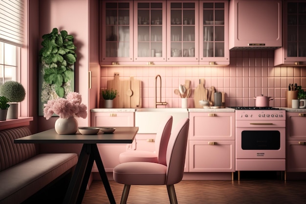 A kitchen with a pink kitchen with a wooden table and a pink chair.