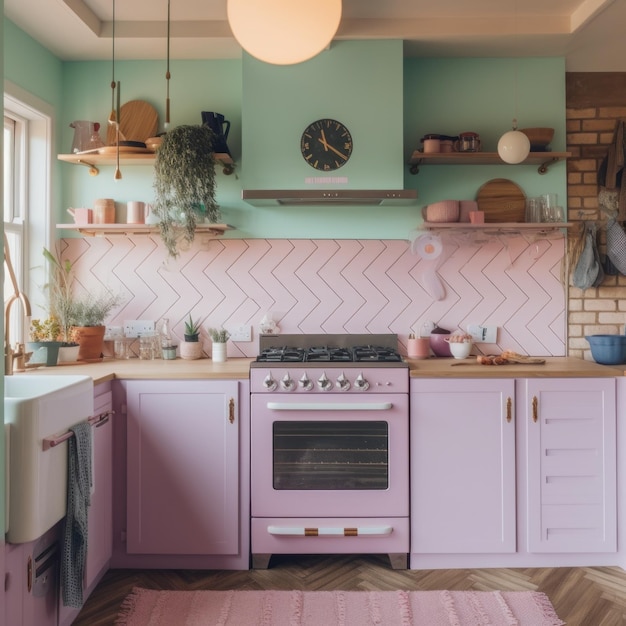 A kitchen with a pink stove top oven Generative AI image