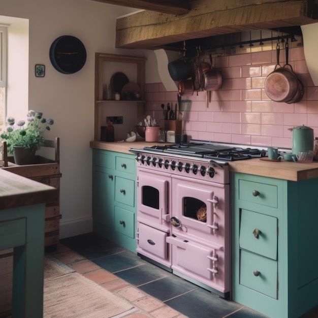 Кухня с розовой плитой и духовкой. Генерирующее изображение AI.