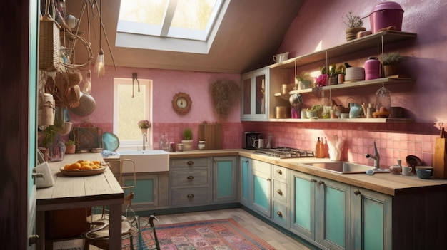 A kitchen with pink walls and blue cabinets Generative AI image