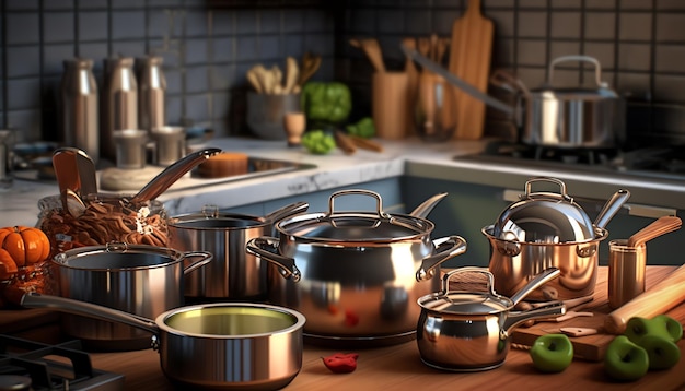 A kitchen with pots and pans on a counter and a green apple on the side.