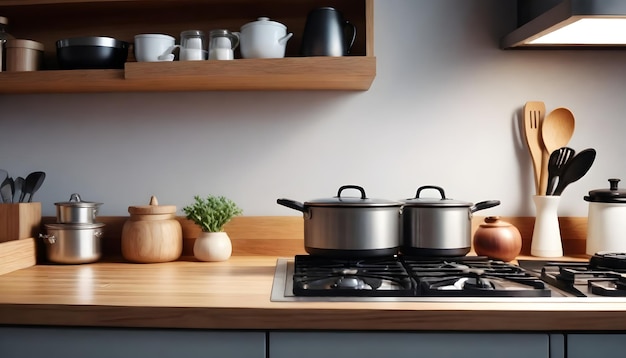 Photo a kitchen with pots and pans on the stove