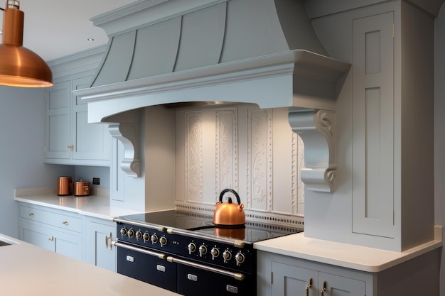 Photo a kitchen with a range hood and a kettle on the stove.