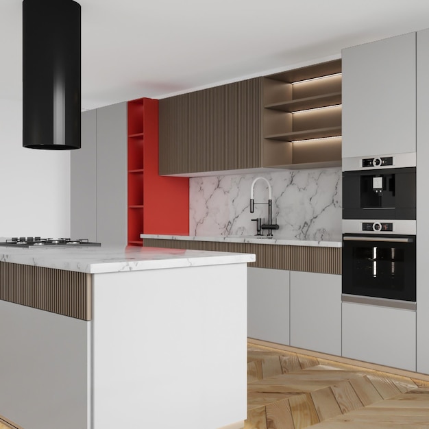 A kitchen with a red accent wall and a white and grey kitchen island.
