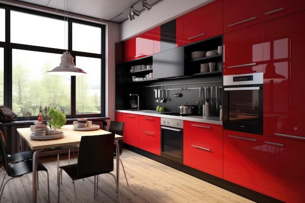 A kitchen with red cabinets and a table with a stove and a microwave.